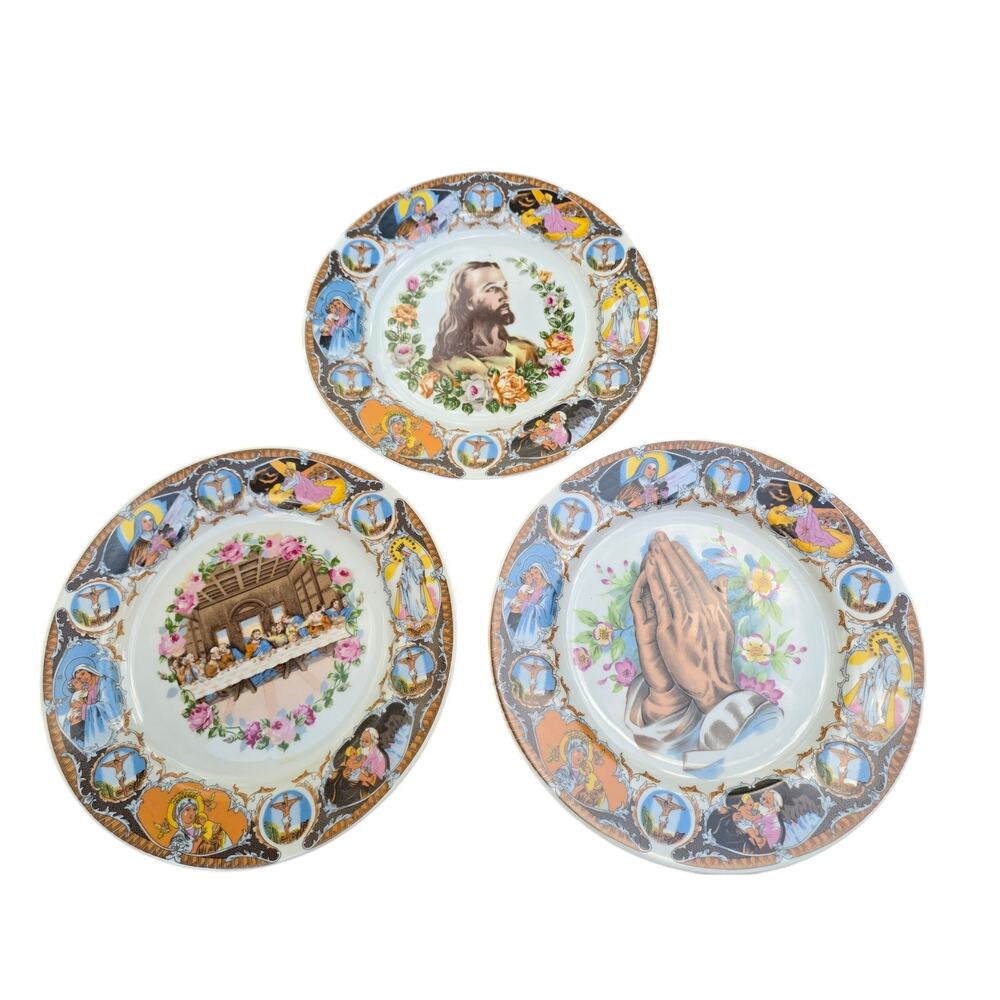 Vintage 1960s Religious Decorative Plates Set 3 Jesus Last Supper Praying Hands